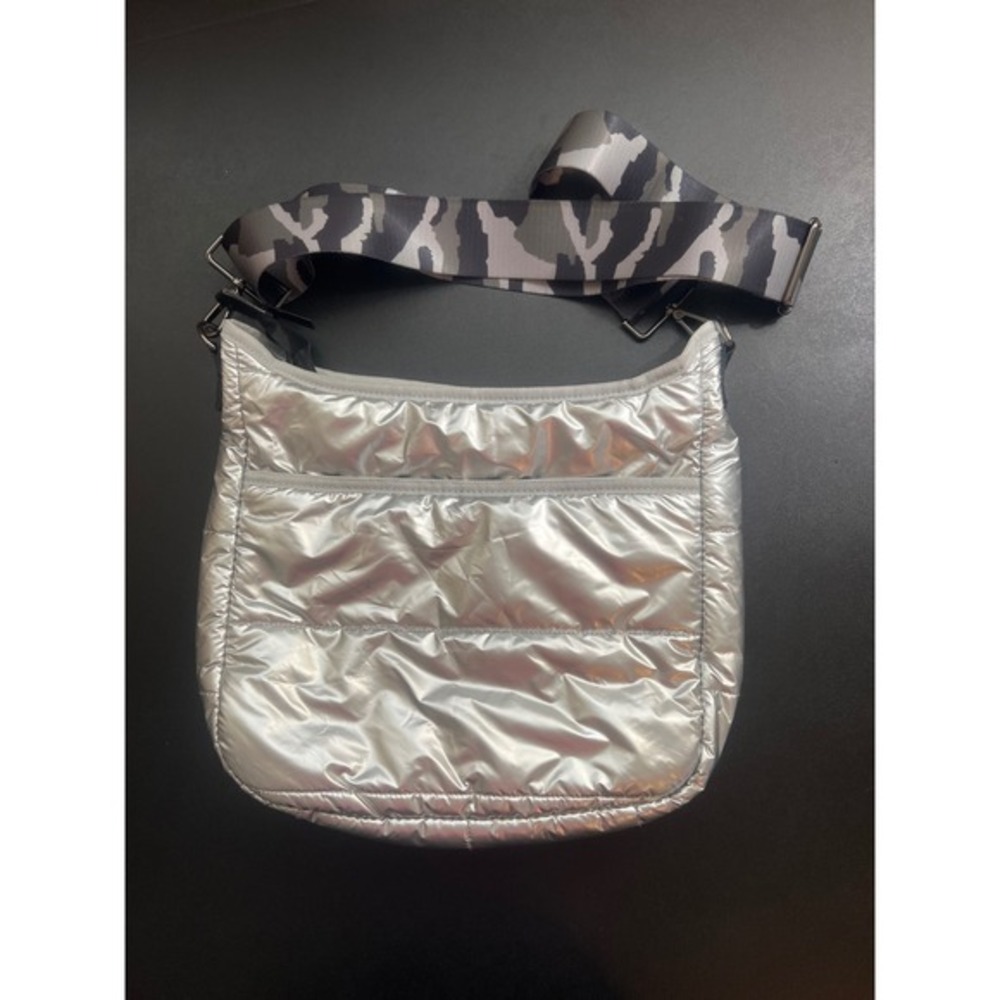 Haute Shore Silver Puffer Crossbody Bag Camo Guitar Strap Metallic Quilted